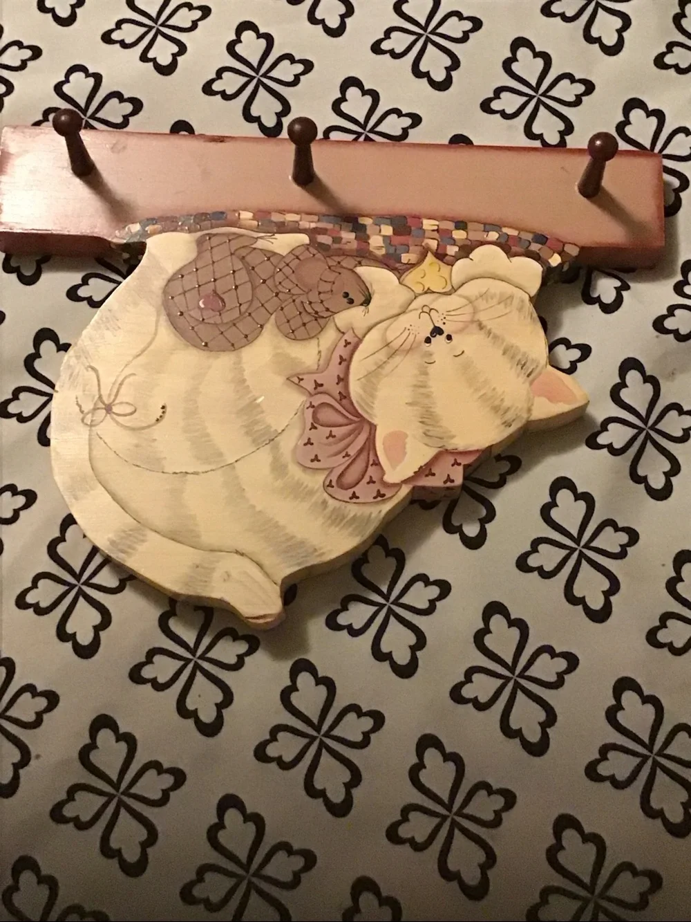Whimsical Cream & Pink Cat Wooden Wall Hook Rack